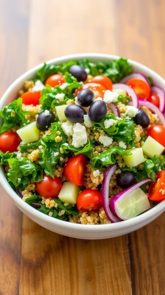 A vibrant Mediterranean kale and quinoa salad with tomatoes, cucumber, onion, feta, and olives in a bowl on a wooden table.